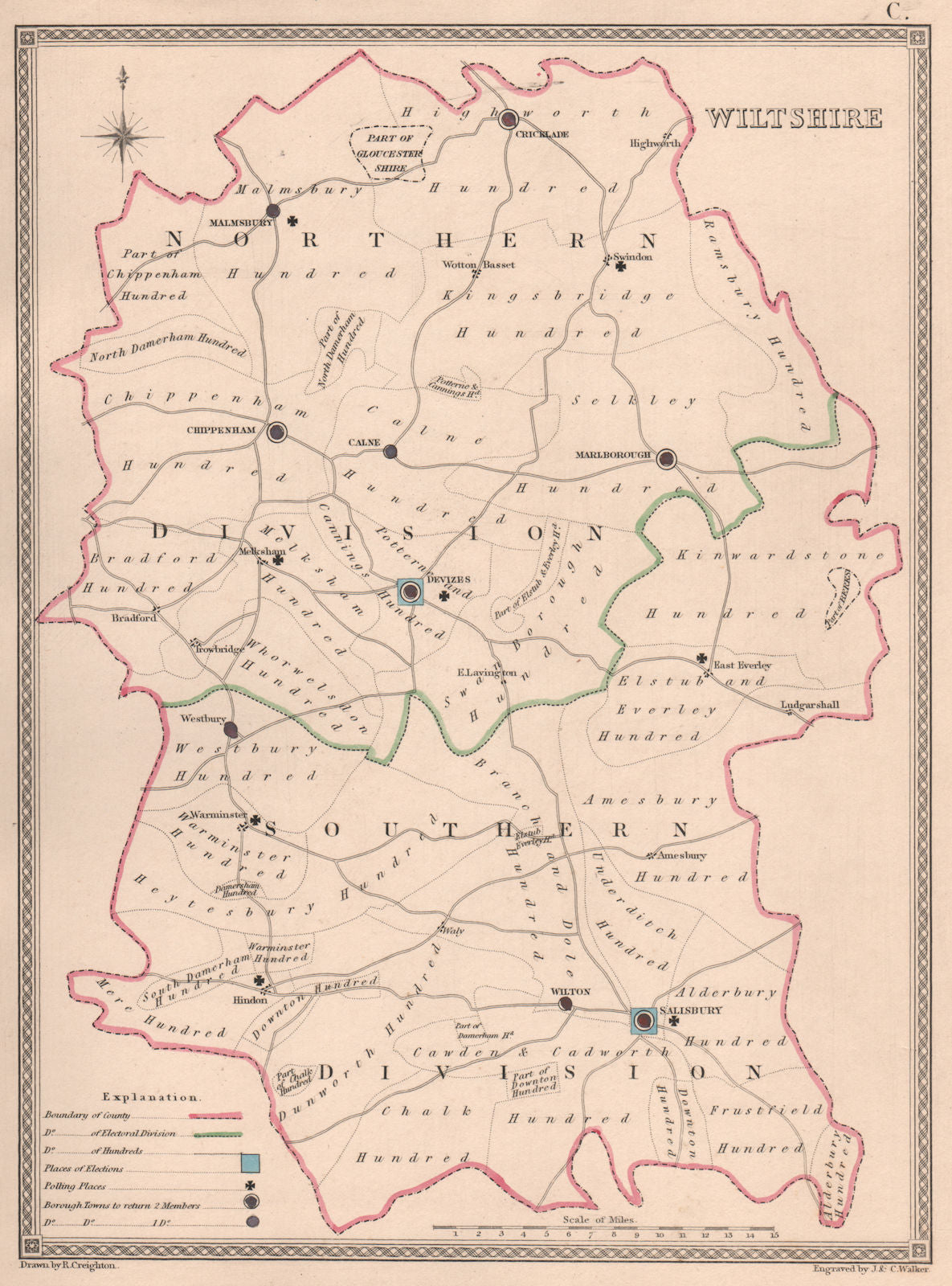 WILTSHIRE antique county map by CREIGHTON/WALKER. Electoral 1835 old